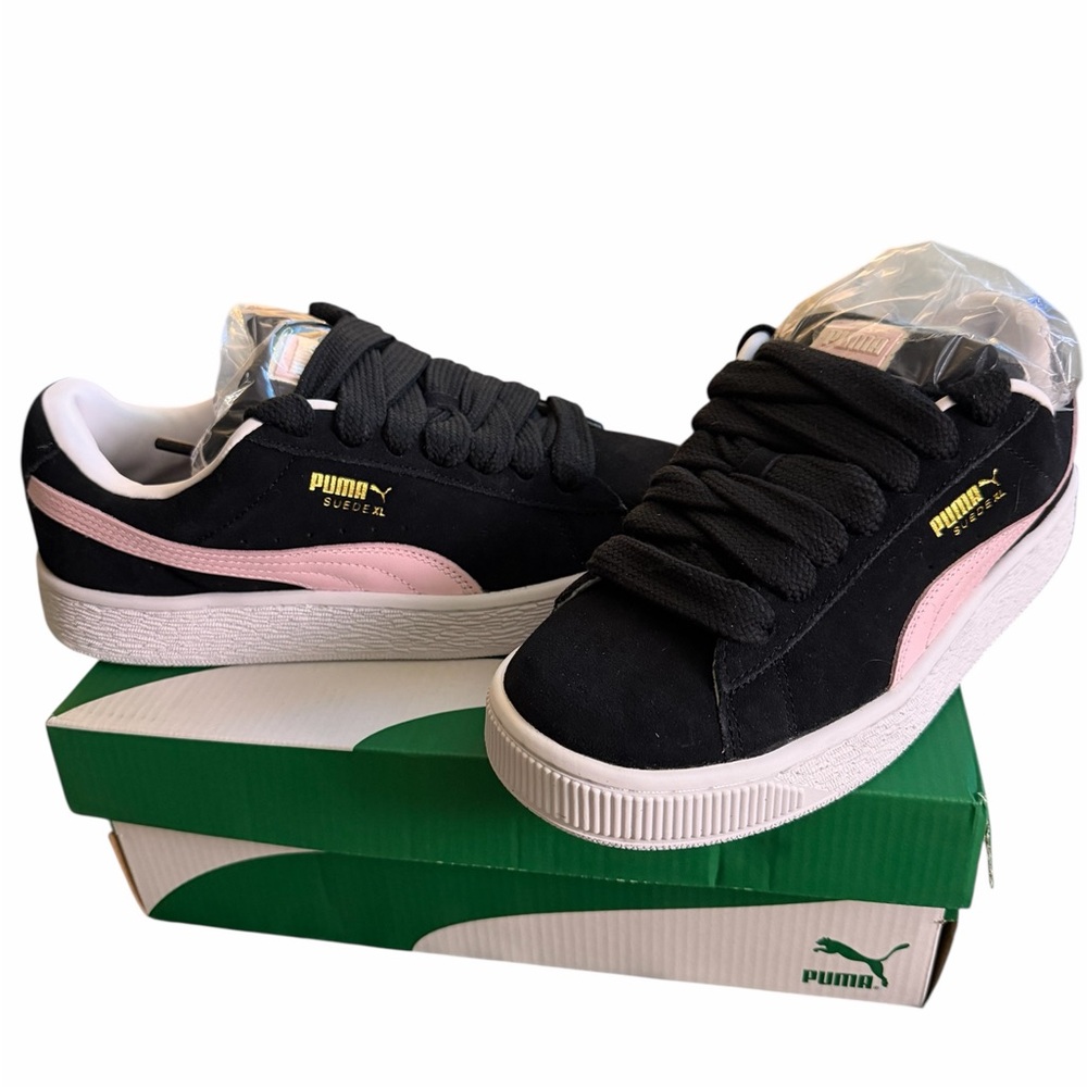 Women’s Puma Suede XL Black with a wisp of pink Size 7.5 brand new in box shoes!